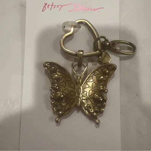 Betsey Johnson Butterfly Bag Charm Crystal Accents NWT Burnished Gold Tone Boho - Picture 7 of 8